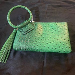 Vegan Leather Green Ostrich Wristlet/Pocketbook with a tassel